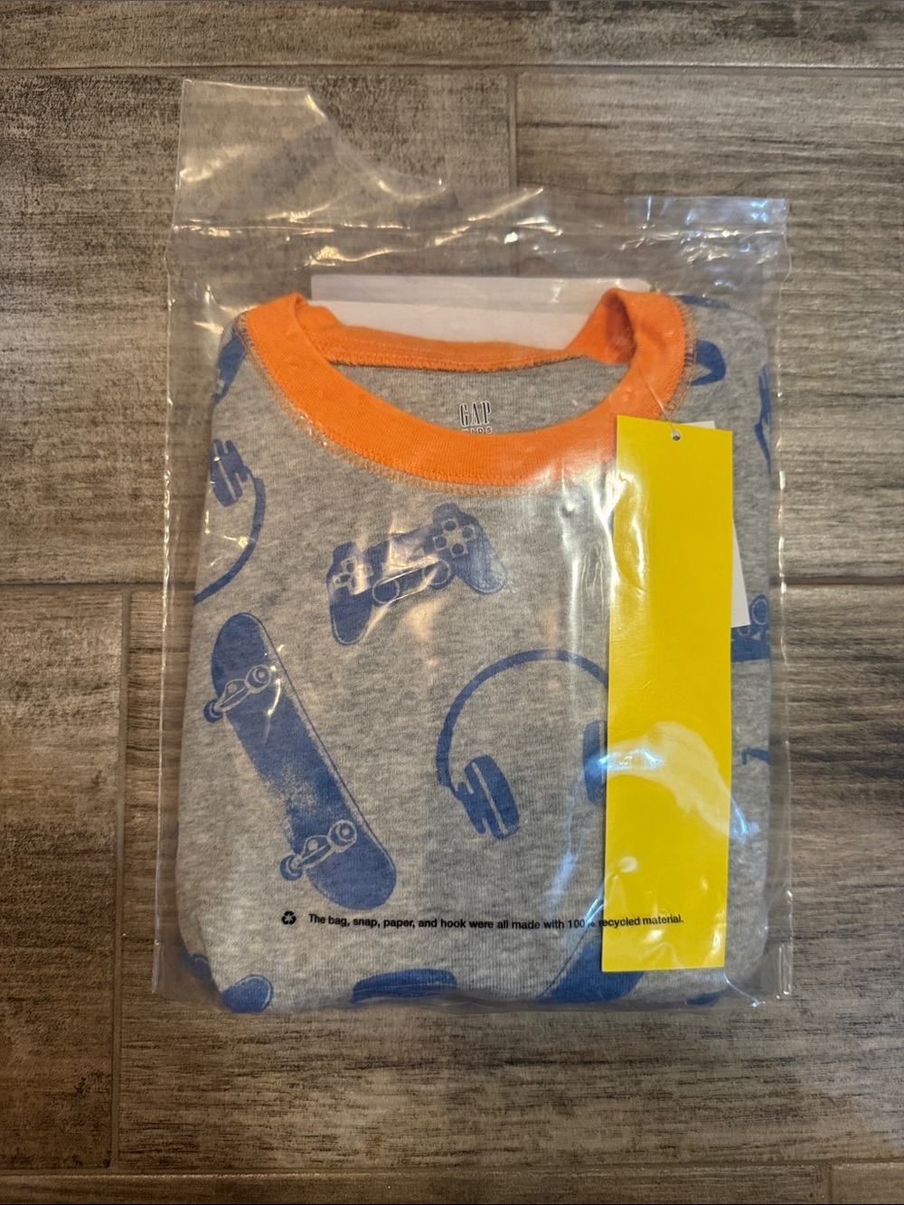 GAP Kids Gray Pajama Set with Orange Neckline and Blue Gamer Prints